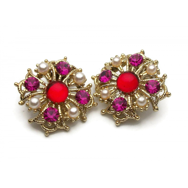 Gold brooch pin and clip earrings set red and purple glass and pearls
