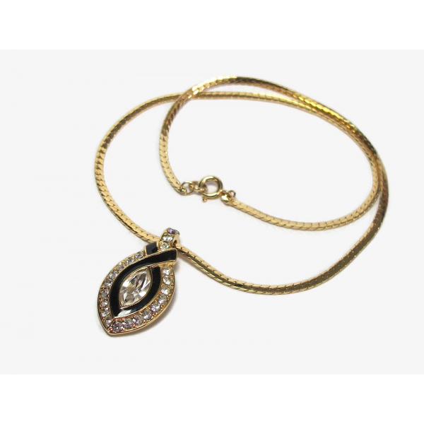 Vintage Trifari Gold and Clear Crystal Rhinestone Pendant with Black Enamel