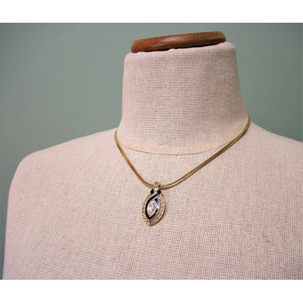Vintage Trifari Gold and Clear Crystal Rhinestone Pendant with Black Enamel