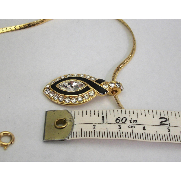 Vintage Trifari Gold and Clear Crystal Rhinestone Pendant with Black Enamel