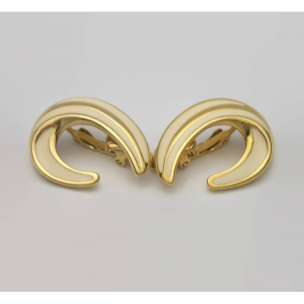 Signed Trifari clip on earrings white and gold