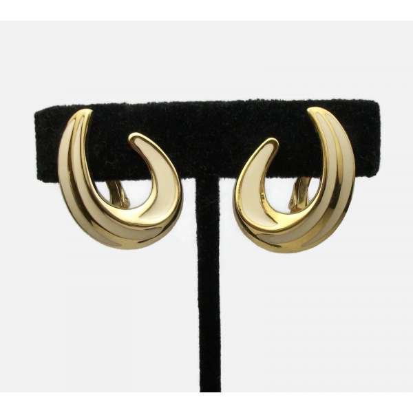 Vintage Trifari Cream White Enamel and Gold Clip on Earrings Signed Trifari