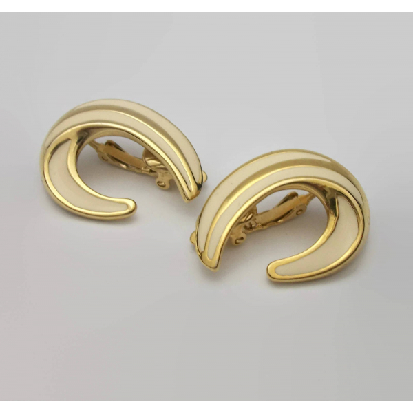 Trifari cream white enamel clip on earrings