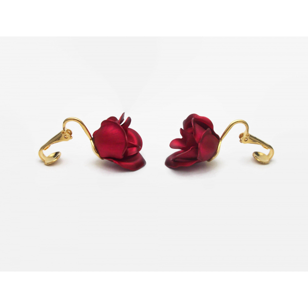 Side view of metallic red rose clip on earrings