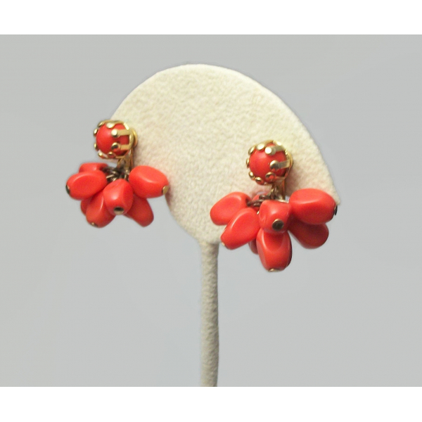 Vintage Orange Beaded Clip on Earrings Coral Orange Bead Cluster Earrings