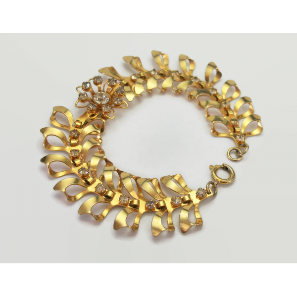 Vintage Ornate Gold Bracelet with Clear Crystals