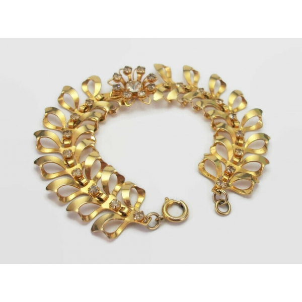 Vintage Ornate Gold Bracelet with Clear Crystals