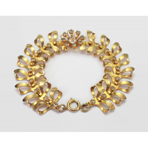 Vintage Ornate Gold Bracelet with Clear Crystals