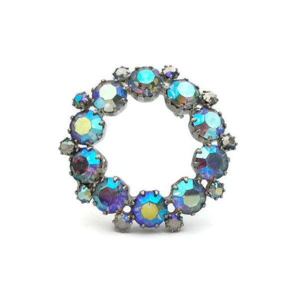 Vintage Blue AB Crystal Silver Tone Circle Pin Brooch