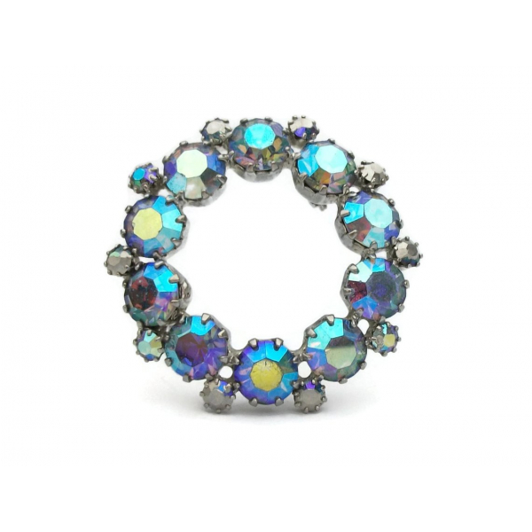 Vintage Blue AB Crystal Silver Tone Circle Pin Brooch