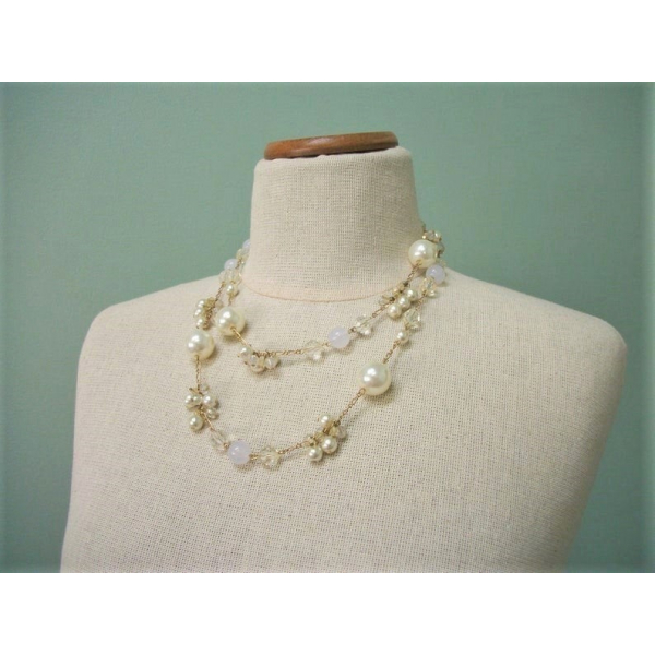 Vintage Faux Pearl Beaded Necklace Gold Tone Chain Link Clear Faceted ...