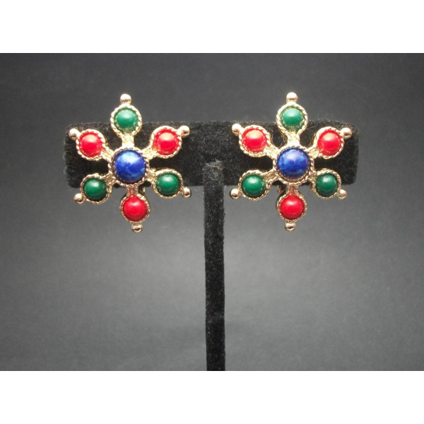 Vintage Sarah Coventry 1970s Clip on Earrings Red Green Blue