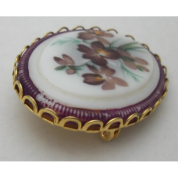 vintage purple pansy white glass brooch