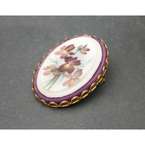 vintage purple pansies glass brooch