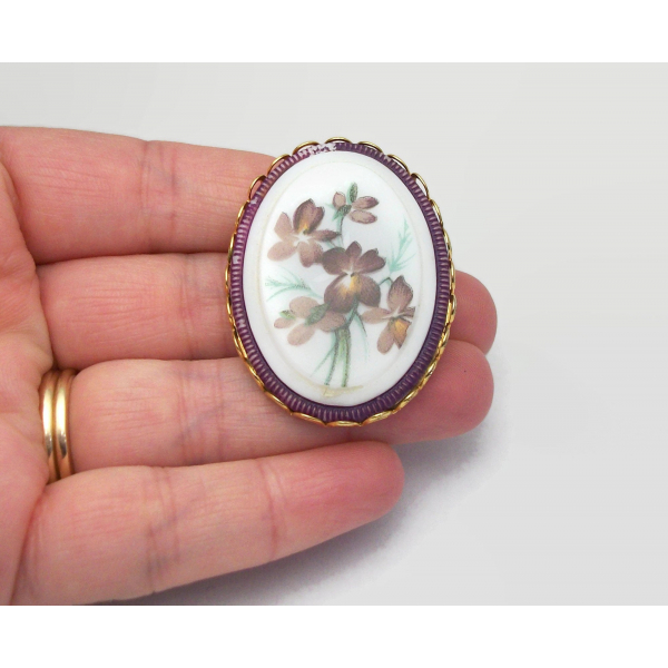 vintage purple pansies white glass pin