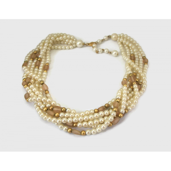 Multistrand pearl choker with beige and gold beads