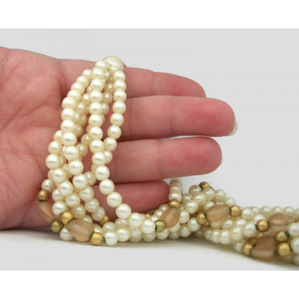 Multistrand pearl choker with beige and gold beads