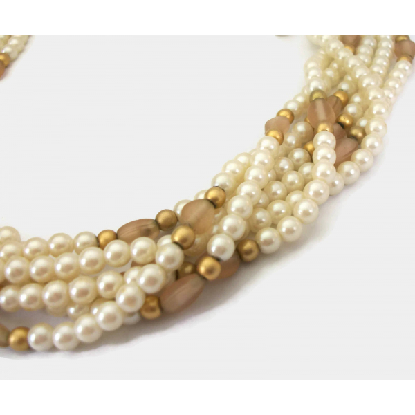 Multistrand pearl choker with beige and gold beads