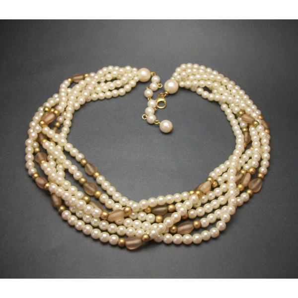 Multistrand pearl choker with beige and gold beads