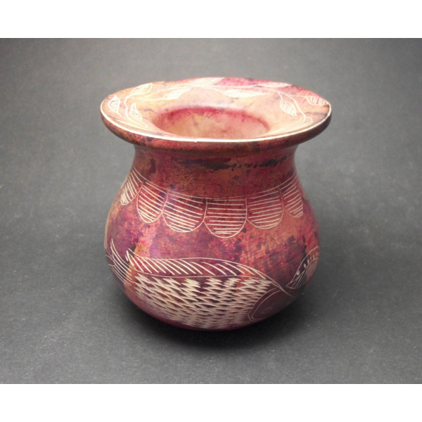 Small stoneware pottery vase with etched fish and leaves design