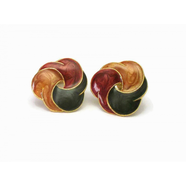 Vintage Enamel Swirl Clip on Earrings Gold with Green Amber and Maroon Red