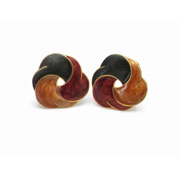 Vintage enamel swirl clip on earrings gold tone and green amber and maroon red