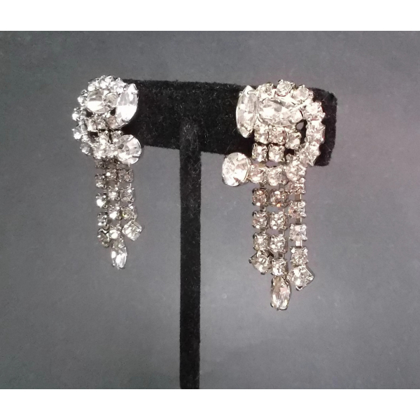 Vintage Long Clear Crystal Screw Back Clip on Earrings Waterfall Design ...