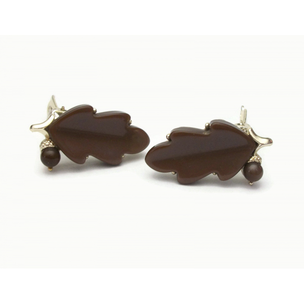 Brown thermoset oak leaf and acorn clip on earrings