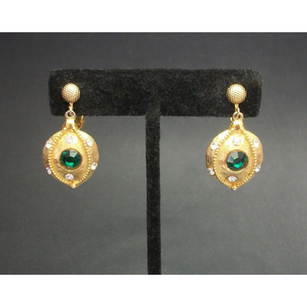 Vintage Brushed Gold Tone and Emerald Green Crystal Dangle Clip on Earrings