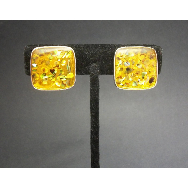 Vintage yellow lucite abalone confetti clip on earrings