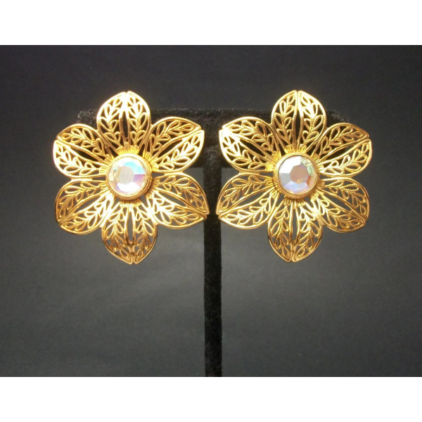 Vintage Avon Gold Filigree Flower Clip on Earrings with AB Crystals Floral Large