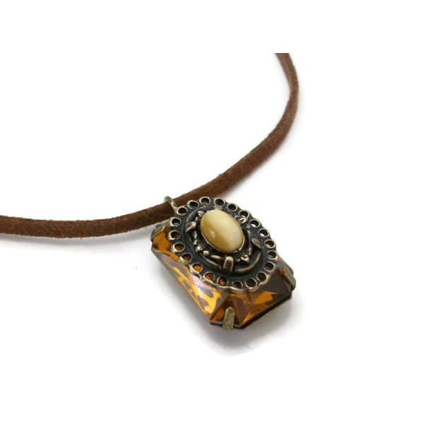 Vintage faux topaz brass filigree pendant on suede cord