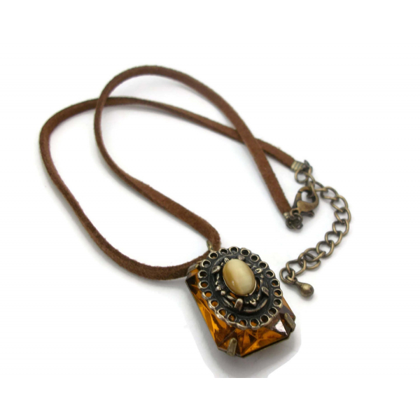 Vintage faux topaz brass filigree pendant on suede cord