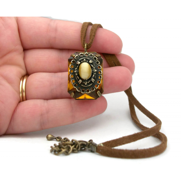 Vintage faux topaz brass filigree pendant on suede cord