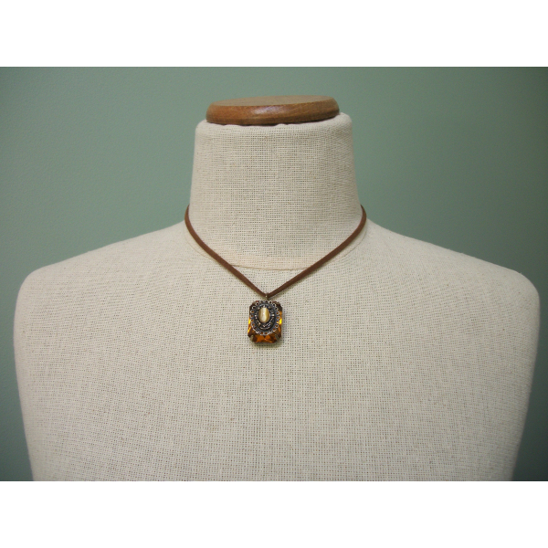 Vintage faux topaz brass filigree pendant on suede cord