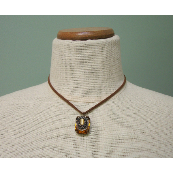 Vintage faux topaz brass filigree pendant on suede cord