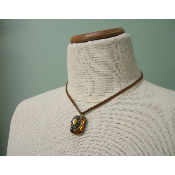 Vintage faux topaz brass filigree pendant on suede cord