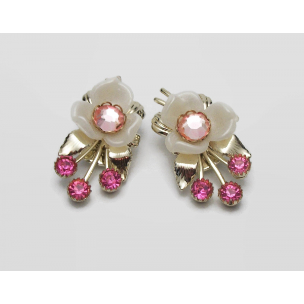 Celluloid floral clip on earrings white and pink