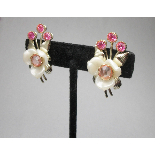Vintage celluloid floral clip on earrings white and pink