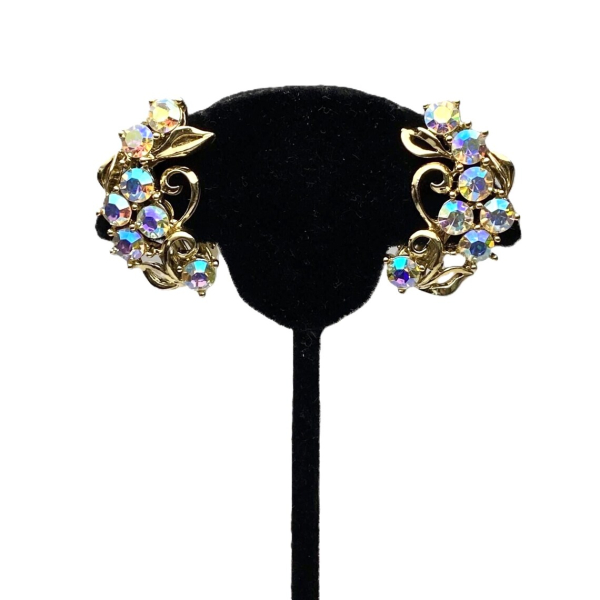 Vintage Aurora Borealis Crystal Clip on Earrings Gold Floral Wedding Earrings Mid Century 1950s Vintage Aurora Borealis Crystal Clip on Earrings Gold Floral Wedding 1950s