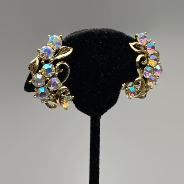 Vintage Aurora Borealis Crystal Clip on Earrings Gold Floral Wedding Earrings Mid Century 1950s Vintage Aurora Borealis Crystal Clip on Earrings Gold Floral Wedding 1950s