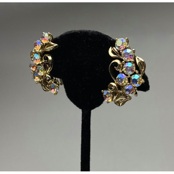Vintage Aurora Borealis Crystal Clip on Earrings Gold Floral Wedding Earrings Mid Century 1950s Vintage Aurora Borealis Crystal Clip on Earrings Gold Floral Mid Century