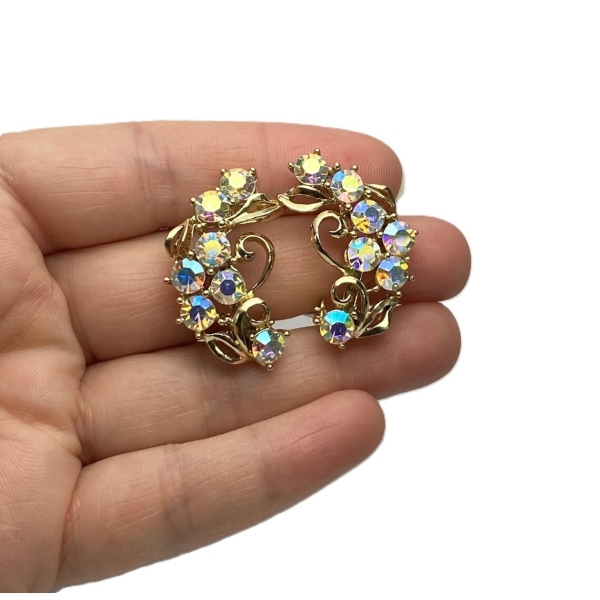 Vintage Aurora Borealis Crystal Clip on Earrings Gold Floral Wedding Earrings Mid Century 1950s Vintage Aurora Borealis Crystal Clip on Earrings Gold Floral Wedding Earrings