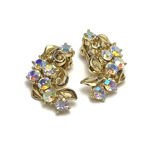Vintage Aurora Borealis Crystal Clip on Earrings Gold Floral Wedding Earrings Mid Century 1950s Vintage Aurora Borealis Crystal Clip on Earrings Gold Floral Wedding Earrings