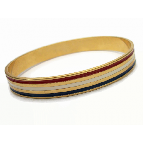 Vintage Red White and Blue Striped Enamel Bangle Bracelet Gold 8 inch
