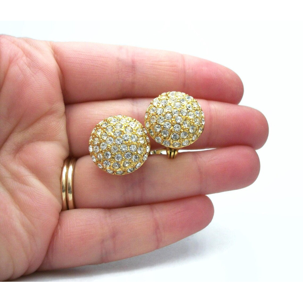 Vintage Monet Gold Pave Rhinestone Clip on Earrings Round 3/4"