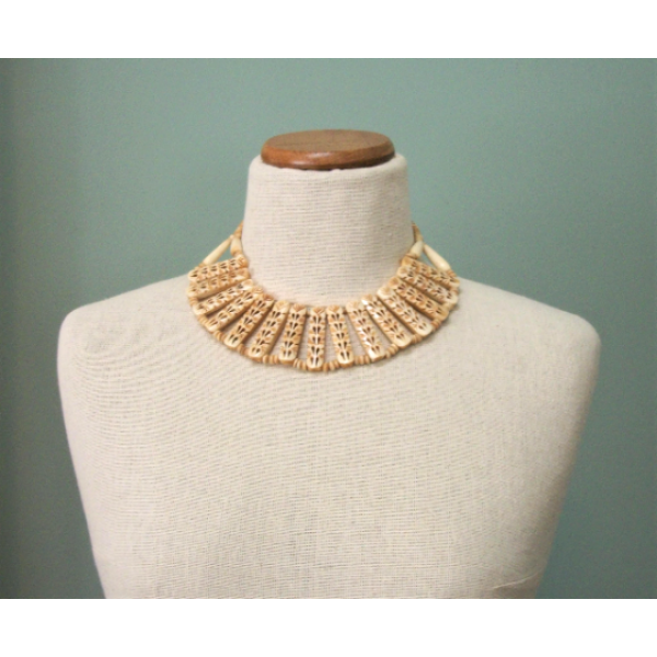 Vintage Hand Carved Bone Necklace Bib Choker Statement Necklace Folk Art