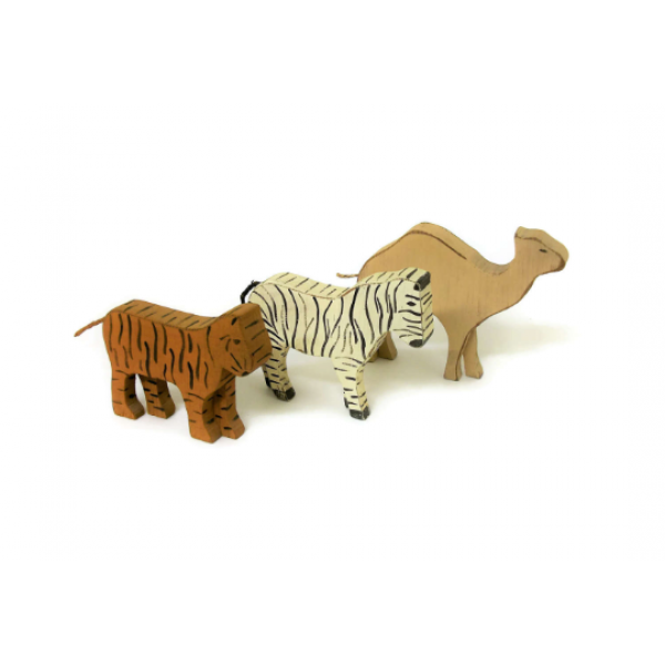 Vintage Rustic Wood Camel Zebra Tiger Animal Figurine Set Wooden Home Decor