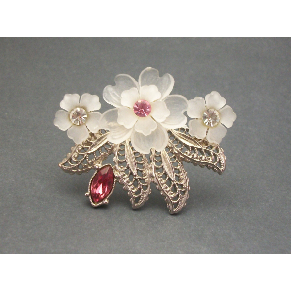 Vintage Celluloid Flower Brooch Floral Lapel Pin Silver Filigree Translucent Clear White Plastic Pink & Clear Rhinestones Vintage Celluloid Flower Brooch Floral Lapel Pin Silver Filigree Translucent Cle