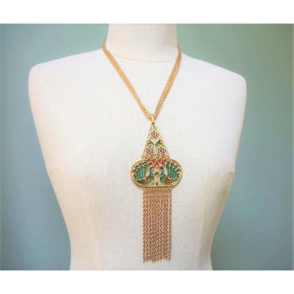 Vintage Crown Trifari plique-a-jour necklace with peacock motif